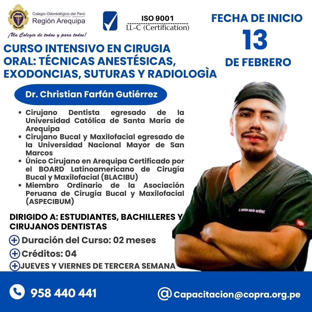 CURSO INTENSIVO EN CIRUGIA ORAL: TÉCNICAS ANESTÉSICAS, EXODONCIAS, SUTURAS Y RADIOLOGÌA